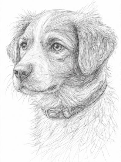 Dog portrait with realistic detail and soft pencil shading. Realistic digital pencil portrait of a dog with detailed fur and natural shading.