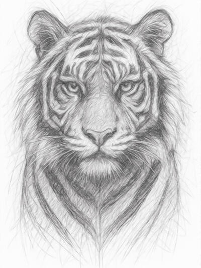 Wild strength in pencil detail Digital pencil portrait artwork of a tiger in black and white with detailed fur and intense eyes