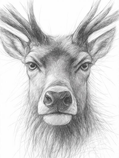 Woodland majesty captured in graphite style Realistic digital pencil drawing of a stag with large antlers in monochrome