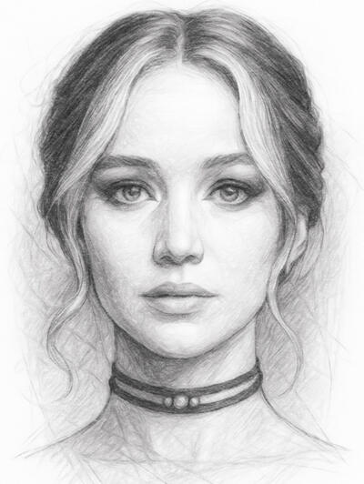 Contemporary celebrity portrait with realistic pencil shading Realistic digital pencil drawing of Jennifer Lawrence in monochrome