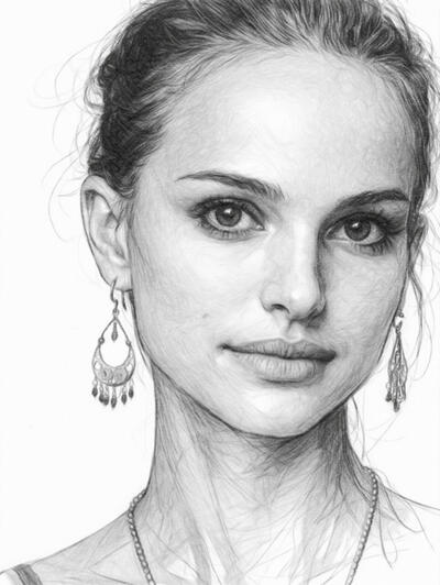 Graceful celebrity portrait with soft graphite shading Realistic digital pencil portrait of Natalie Portman in monochrome
