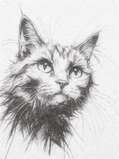 Digital pencil drawing of a domestic cat with textured fur and expressive eyes.
