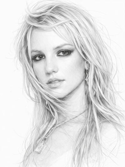 Iconic pop star portrait in detailed pencil style Realistic digital pencil drawing of Britney Spears in monochrome