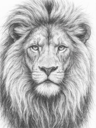 Lion portrait with bold shading and detailed graphite texture. Realistic digital pencil portrait of a lion with a detailed mane and strong contrast.