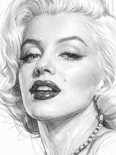 Classic Hollywood beauty illustrated in pencil detail Realistic digital pencil portrait of Marilyn Monroe in monochrome