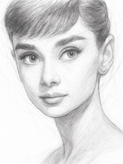Timeless elegance recreated in graphite pencil style Realistic digital pencil portrait of Audrey Hepburn in black and white