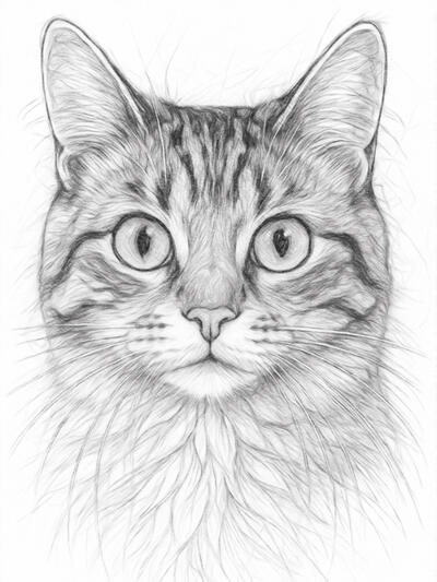 A timeless feline portrait Black and white digital pencil drawing of a cat with realistic fur and expressive eyes