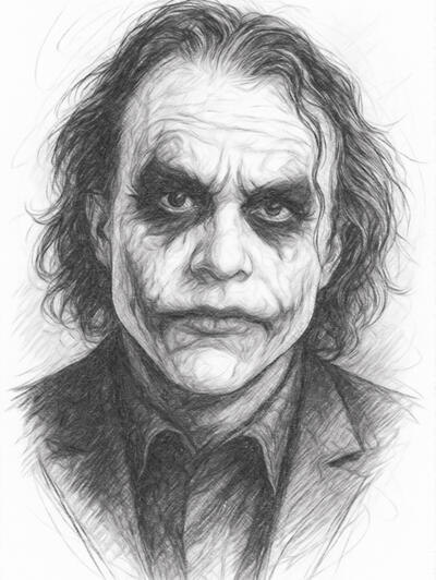 Dark and intense Joker portrait in graphite detail Realistic digital pencil portrait of Heath Ledger as the Joker in black and white