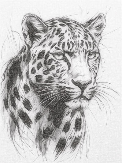 Detailed digital pencil drawing of a leopard with realistic fur and piercing eyes.