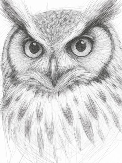 Silent watcher of the night Realistic owl portrait created in digital pencil sketch style with detailed feathers and piercing eyes