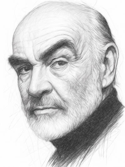 Classic cinematic portrait with vintage pencil texture Realistic digital pencil portrait of Sean Connery in monochrome