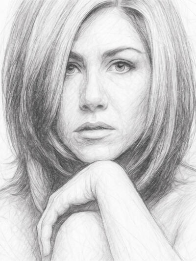 Soft and natural celebrity portrait in graphite style Realistic digital pencil portrait of Jennifer Aniston in black and white