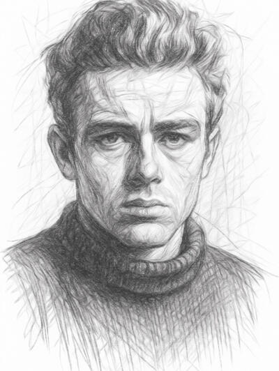 Rebel spirit captured in vintage graphite style Realistic digital pencil portrait of James Dean in black and white