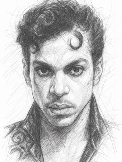 Legendary music icon captured in bold pencil strokes Realistic digital pencil drawing of Prince in black and white graphite style